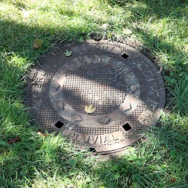 A round sewer cover in the grass with the words: “Egout Pluvial Montreal.”