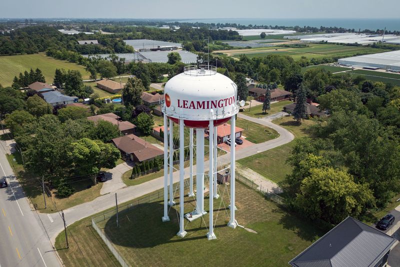 An aerial view of a water tower labelled “Leamington. The water tower is in a residential area, surrounded by bungalows. Farther away there are farm fields and greenhouse roofs and a lake is in the distance.