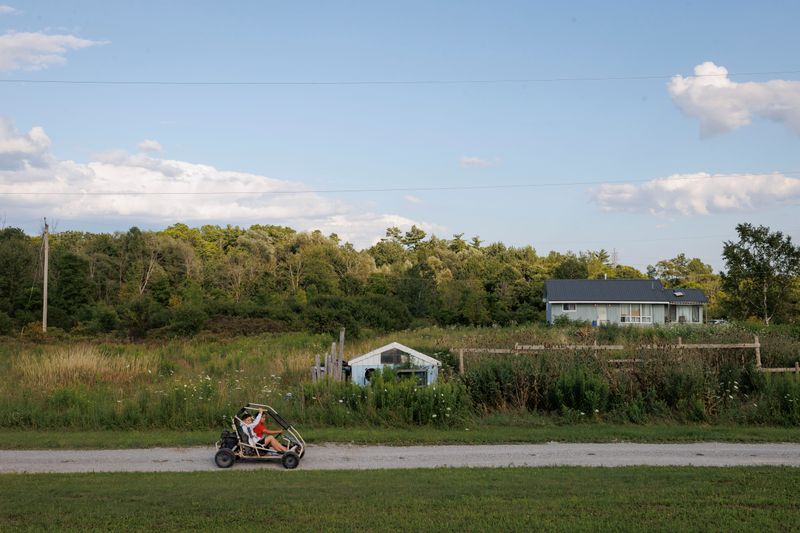 Two boys sit in a small open four-wheel vehicle framed in metal. They’re driving along a gravel lane, past fields of tall grass. A small pale blue bungalow sits in the distance.