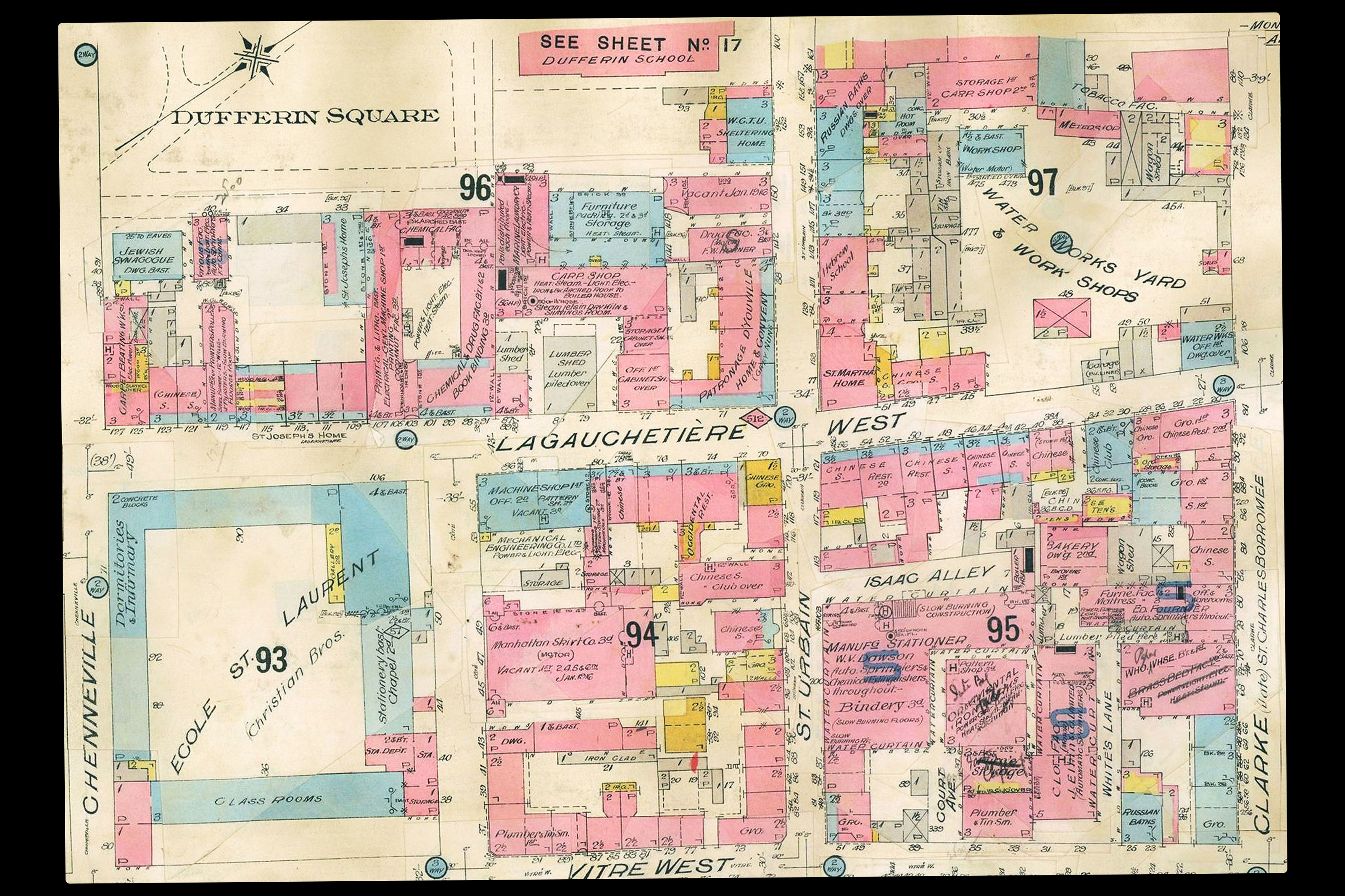 This insurance plan map of the neighbourhood from 1909 shows the diverse businesses that coexisted in the area.